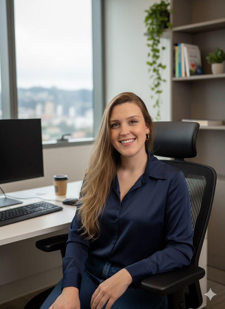 Larissa Aranha sentada em um escritório